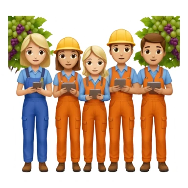 Make a photo of 5 project managers, specificly 3 girls and 2 boys, that are making project for improvment of the vineyard sticker