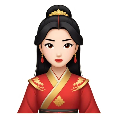 Cinematic Majestic Mulan Portrait Emoji, rendered in a clean, vector-style with bold, simplified shapes. Depict Mulan with a serene, noble expression, warm light skin, and neatly styled black hair, dressed in traditional attire featuring subtle red motifs and gold trim. The image glows with a calm, majestic aura, high shine, and a soft glowing outline, embodying classic elegance. sticker