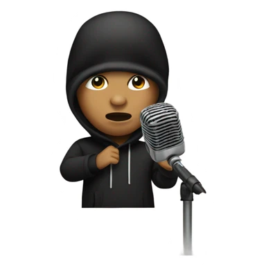 Mexican boy rapping into a microphone with a black ski mask sticker