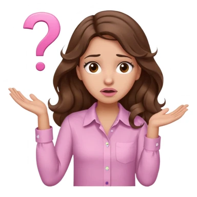 girl with wavy long brown hair, brown eyes, light to medium complexion, long lashes, light pink lipstick, wearing light pink shirt, shrugging with both hands, confused, question mark sticker
