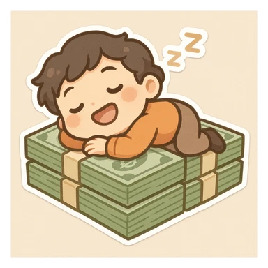 happy person napping on mattress of money sticker