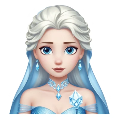 Cinematic Elegant Snow Queen Portrait Emoji, rendered in a realistic, vector-style with minimal shading and bold, simplified shapes. Depict Elsa (chest and above) with icy pale skin, long flowing platinum hair, and piercing blue eyes that exude quiet power, dressed in a shimmering ice-blue gown. The image glows with a soft, frosty radiance and high shine, capturing her ethereal, regal beauty. sticker