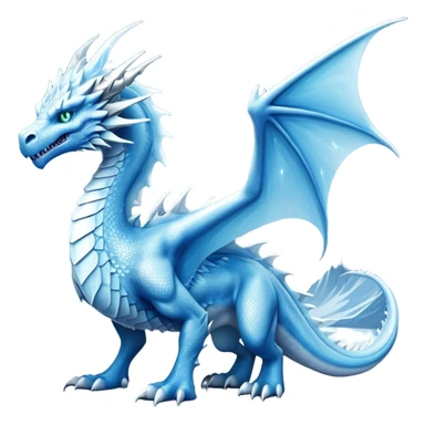Cinematic Noble Fierce Ice Dragon full body Emoji, Poised and imposing, distinct long elegant snout, with a slender, scaled body shimmering in glacial hues of icy blue, frostbitten silver, and crystalline white, breathing out frost, with piercing, glowing eyes that radiate the chilling depths of an arctic storm; rendered in detail. displaying its wings sticker
