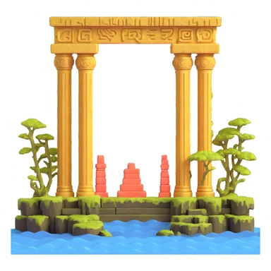 ruined Anunnaki golden underwater temple, broken pillars, ancient symbols, moss and coral sticker