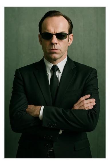 Agent Smith from The Matrix, standing with arms crossed, black suit and tie, sunglasses sticker