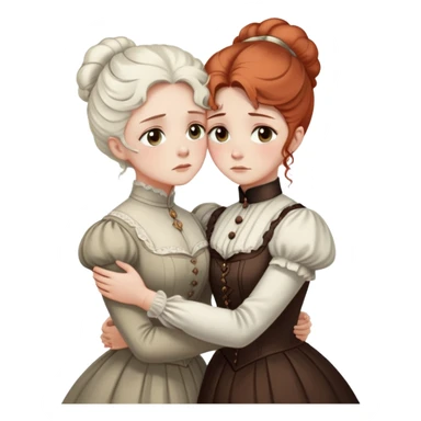 Two Victorian women with light eyes, one with white coiffed hair and one with copper coiffed hair, wearing Victorian high-neck dresses, embracing in a sad intimate hug sticker