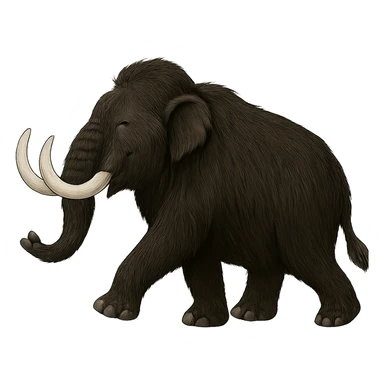 profile side view of a happy wooly mammoth with black fur and two white tusks, walking mid stride, no background sticker