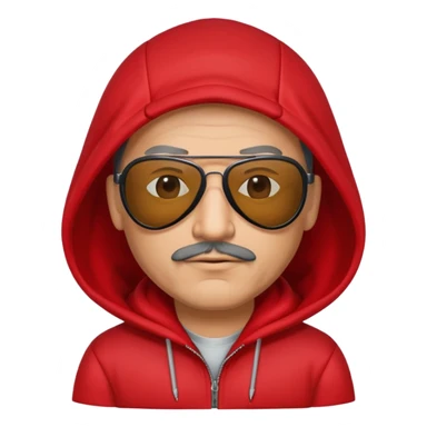 50-year-old man with slight stubble on upper lip, black aviator sunglasses, wearing a red hoodie with hood up sticker