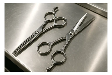A set of professional barber scissors lies on a stainless steel workbench, gleaming under the bright lights. The blades are sharp and precise, with smooth handles showing signs of frequent use, ready for the next cut sticker