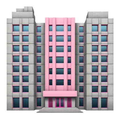 Brutalist concrete government building with one distinctive pink window and many standard windows sticker