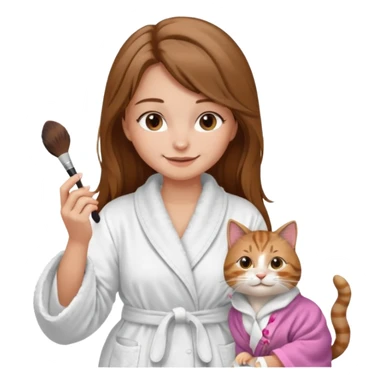 A image of a girl with light long brown hair wearing a bathrobe doing her makeup with her chubby grey tabby cat. She is smiling sticker