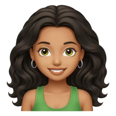 a pretty bratz brown girl with long wavy black color hair, brown eyes and green tank who is smiling sticker