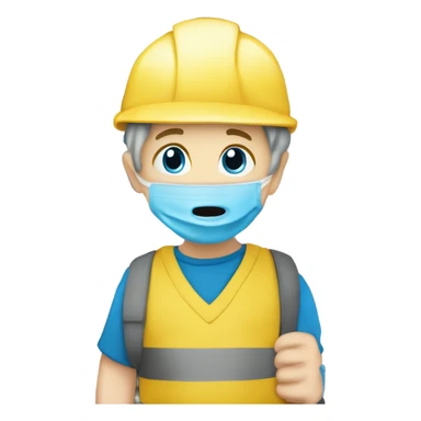 White kid with blue helmet with pencil up his nose Wheiring ￼a yellow shirt blue pants and a diaper on the outside ￼ sticker