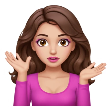 girl with long wavy brown hair, brown eyes, long lashes makeup, sexy pink lips, light to medium complexion, pink sexy top, two hands up, shrugging, confused sticker