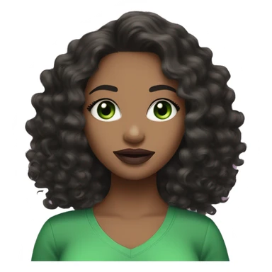 Create an emoji-style character of a white girl with bright green eyes, long black curly or wavy hair, wearing hoop earrings. She has a green v-neck top, wears mascara, and is styled with soft pink mauve lipstick sticker