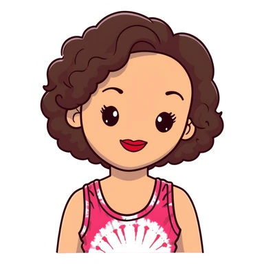 Artistic woman with fair skin, elongated face, abundant dark brown curly hair, large expressive almond brown eyes, full lips with soft red lipstick, wearing pink tie-dye tank top, maternal welcoming smile sticker
