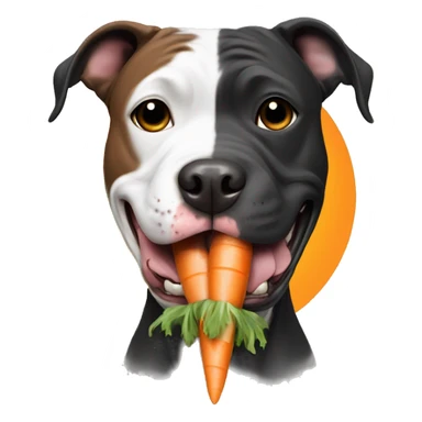 english black pit bull staffy dog eating a carrot sticker