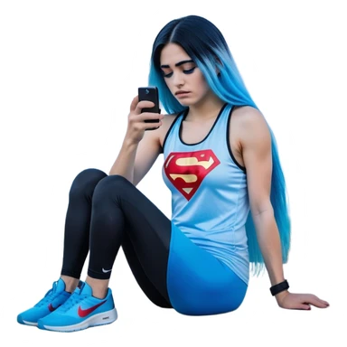Shameful disappointed crying-very very very very big chest-texting on a samsung cell phone-very long straight flowing black to sky blue hair ombre-blue eyes-black eyeliner-long eyelashes-plastic sparkling sky blue very low cut tank top with sparkling superman logo-black leggings-nike sneakers sticker