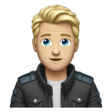 a white dude with blue eyes and blode hair with a motorcycle jacket sticker