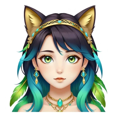 Beautiful gorgeous anime lady with beautiful dark-brown-special-hair, fashion aesthetic, ethereal, feather, accessories, gold jewelries, gold, colorful, feline ears, colorful hazel-green-blue-gradient eyes sticker