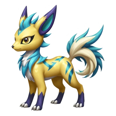 Shiny colorful exotic Feral Scaly Striking Slaying Badass Evil Handsome Lightning-patterned Zig-zagged buzzy fuzzy Meloetta-Renamon-Luxray-Cobalion-Suicune-Vernid-fusion-hybrid-creature, full body  sticker