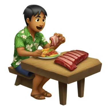a Hawaiian boy w th  bunn eating rib on a tabe sticker
