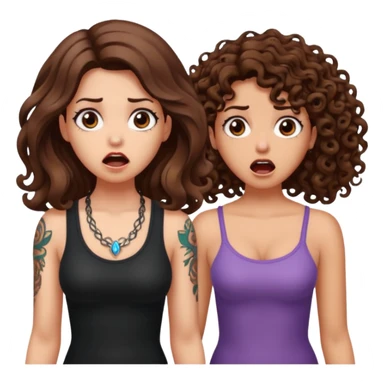 mutated crystal — long wavy brown hair tattooed woman and short tight curly brown hair woman — shocked reaction sticker
