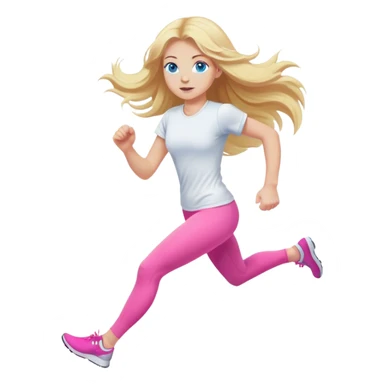 Cinematic realistic blonde with long hair and blue eyes, dressed in pink leggings and a white T-shirt, runs sticker