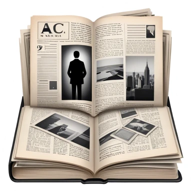 Icon for Non-Fiction & Narrative Reading: an open book with black-and-white photos on the pages, surrounded by a pile of newspaper clippings, and an open folder with top-secret documents. The icon should reflect the blend of real stories and facts in non-fiction literature. Transparent background. sticker