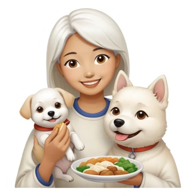 Asian woman sharing food with white dog sticker