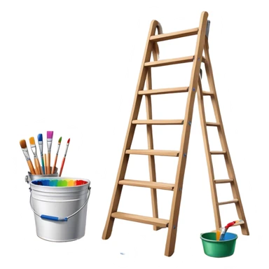Wall painting icon, wall with an unfinished colourfull painting, no frame, a beautiful mural in progress, visible paintbrushes, rollers, and a bucket of paint, wooden ladder beside, minimalistic style, clean lines, transparent background. sticker