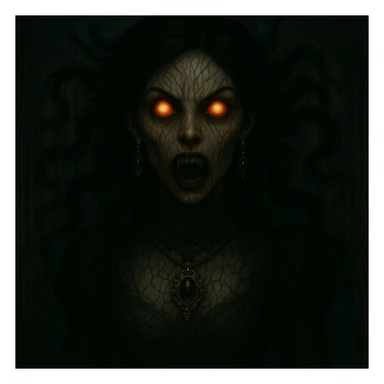 Add ornate gothic jewelry including a black lace choker, silver pendant, and dark gemstone earrings while keeping the horror and supernatural features intact. sticker