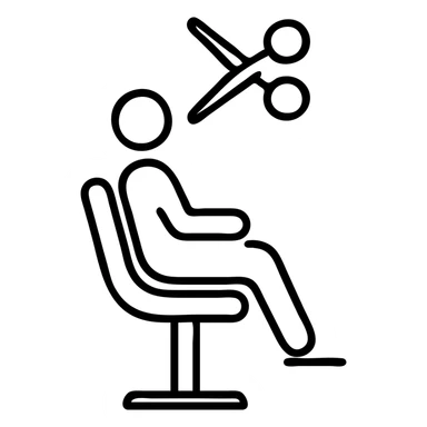 outlined logo of a person in a salon chair with scissors above, simple and professional sticker
