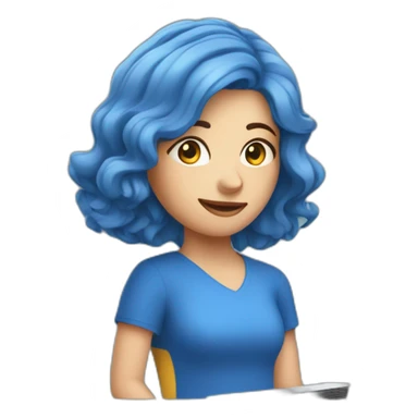 European girl in blue clothes behind laptop  sticker