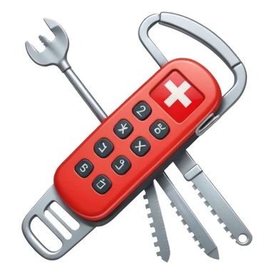 swiss army knife emoji where each tool has an icon: calculator for bookkeeping, credit card for payments, headset for customer service, sales graph for sales, theme of outgoing calls to customers for e-conomic, friendly and professional style sticker