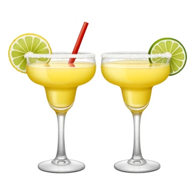 2 margarita cocktails. one is the classic margarita: yellowy with salt on the rim and a lemon. the other one is a spicy margarita: slightly more red color with a small red chili pepper instead of a lemon on the rim  sticker