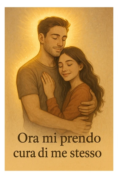 Vertical format: Couple embracing, the man with a luminous aura, the woman relaxed and smiling, atmosphere of serenity, text in Italian: 'Ora mi prendo cura di me stesso'. sticker