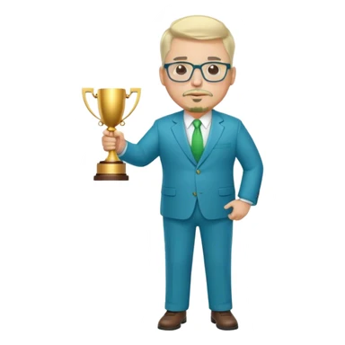 Full Body white fat male  wearing glasses with a goatee with light blonde gray very short hair basketball head Coach in blue and green suit holding trophy sticker