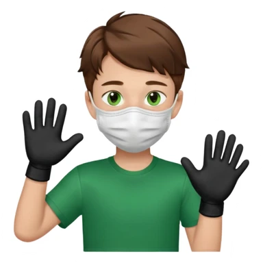 Chico de pelo marrón y ojos verdes, con un cubre boca, que tiene una camisa verde por encima de una remera blanca, y tiene un guante negro en una sola de las manos. Estilo animado sticker