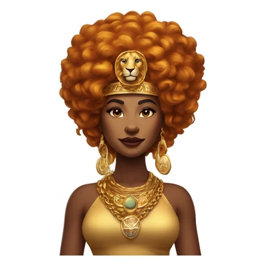 Create an emoji of a confident woman with voluminous lion-like hair, bold makeup, and gold jewelry, embodying the Leo zodiac sign with a regal expression and fiery energy. And a headgear of Leo sign sticker