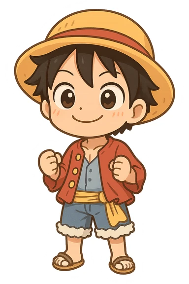Luffy from One Piece, stylized as a chibi character, big eyes, cute expression sticker