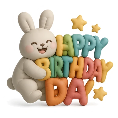 laughing bunny hugging "Happy Birthday" letters with stars, cushion style, soft, plush, rounded edges sticker
