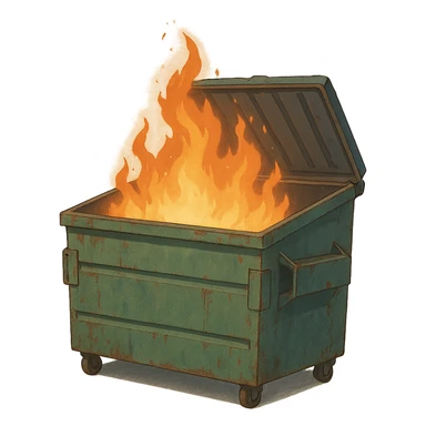 a dumpster, no lid, the lid is open, on fire sticker