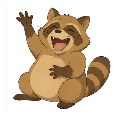 ghibli style raccoon laughing hard and waving sticker