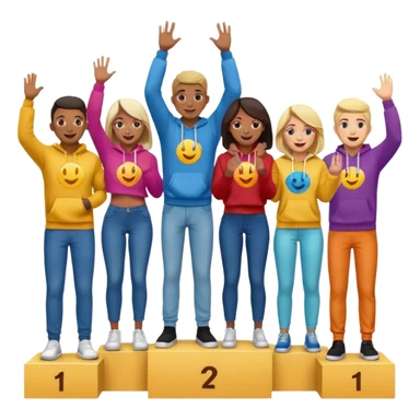 multi-racial men and women standing on a winners’ podium with the middle podium position elevated, no numbers on the podium, each person casually dressed in fun colorful jeans t-shirts and hoodies, excited fun expressive emoji style sticker