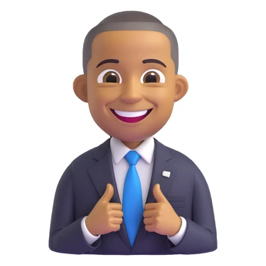 Barack Obama as a friendly emoji character, smiling, wearing a suit and tie, in a cheerful pose sticker