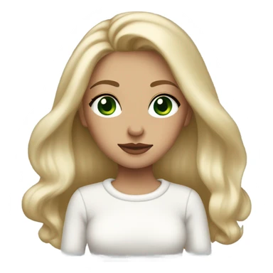 solo blonde girl with green eyes, smooth skin, white sweater, long blow out hair, baddie, middle part sticker