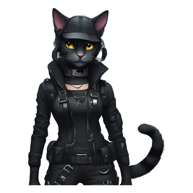 Gorgeous dark techwear cyberpunk style sona anthro cat, aesthetic, and pretty edgy black with collar and harness, trending style sticker