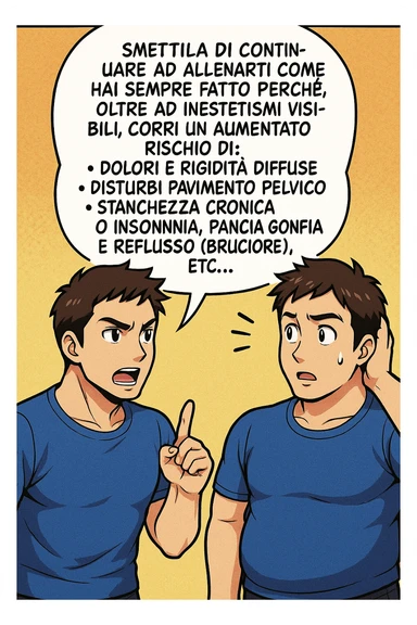 TRASFORMA QUESTO CAROSELLO IN UN FUMETTO STILE MANGA A COLORI CON QUESTE DUE PERSONE IDENTICHE CHE INTERLOQUISCONO TRA LORO:

LUI (UOMO): Smettila di continuare ad allenarti come hai sempre fatto perché, oltre ad inestetismi visibili, corri un aumentato rischio di:
    • dolori e rigidità diffuse
    • disturbi pavimento pelvico
    • stanchezza cronica o insonnia
    • pancia gonfia e reflusso (bruciore)
    • etc… sticker