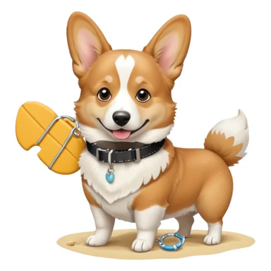 Male Tan and white Corgi on a beach with. Collar That Say Bubba sticker